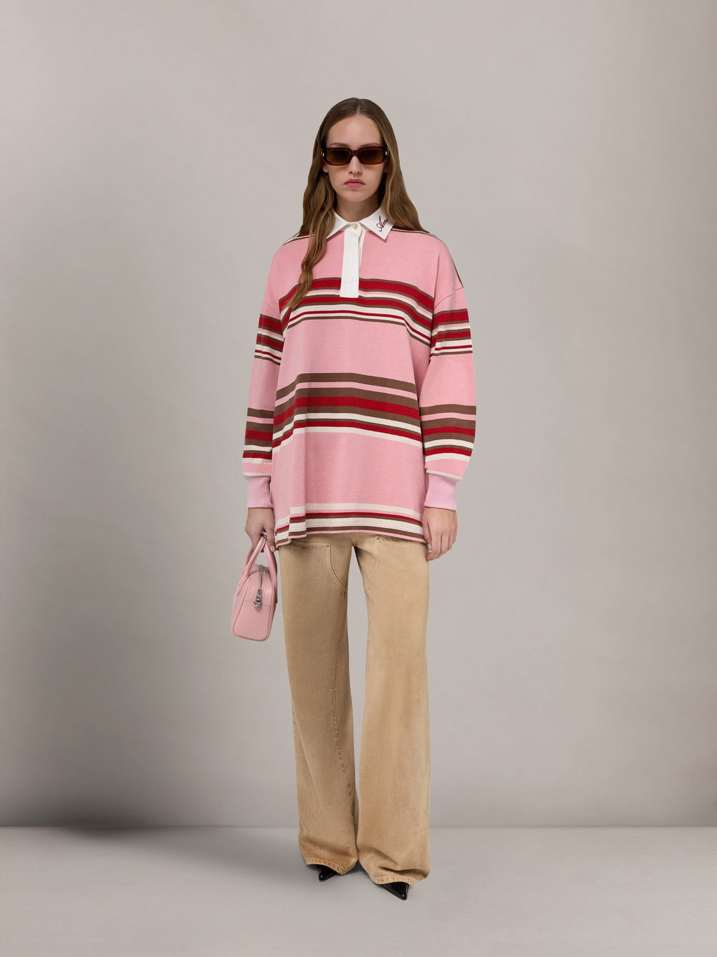 AMIRI STRIPED OVERSIZED LONG SLEEVE POLO PINK — vista 2