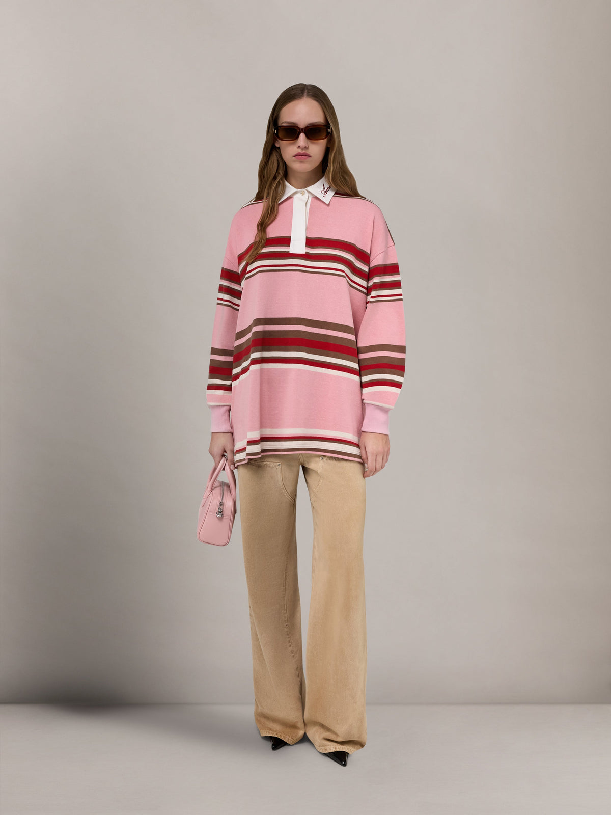 AMIRI STRIPED OVERSIZED LONG SLEEVE POLO PINK — vista 2