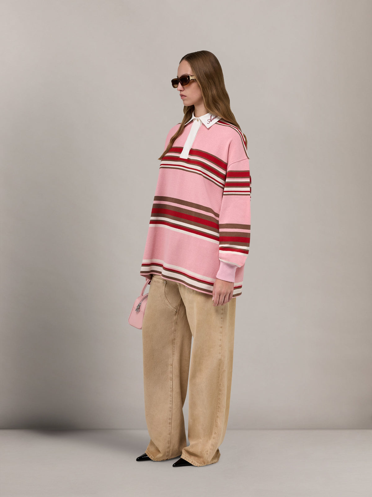 AMIRI STRIPED OVERSIZED LONG SLEEVE POLO PINK — vista 3