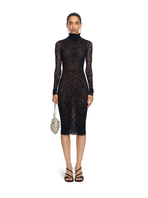 OFF-WHITE PAISLEY FLOCK MOCK-NECK MIDI DRESS DARK SAPPHIRE DARK SAPPHIRE