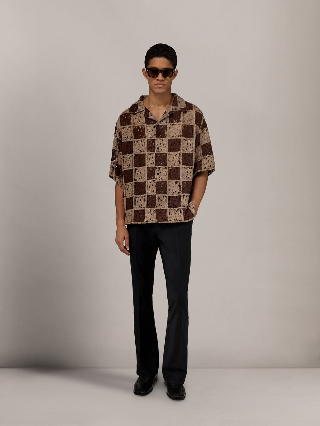 AMIRI MA QUAD CHECKER OVERSIZED CAMP SHIRT EARTH — vista 2