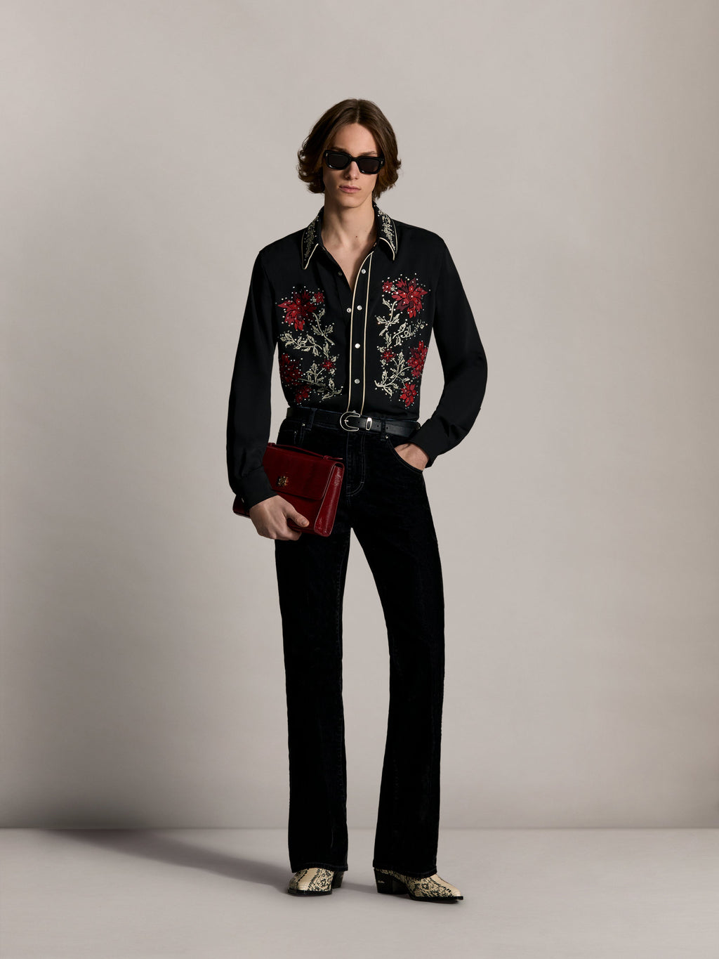 AMIRI EMBELLISHED FLOWERS LONG SLEEVE SHIRT BLACK — vista 2
