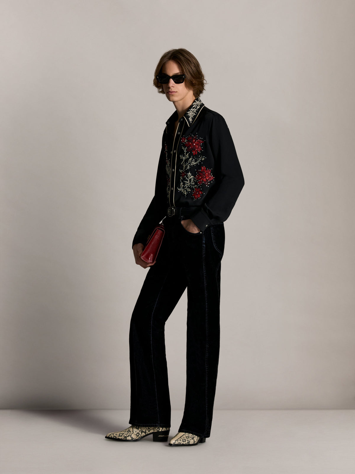 AMIRI EMBELLISHED FLOWERS LONG SLEEVE SHIRT BLACK — vista 4