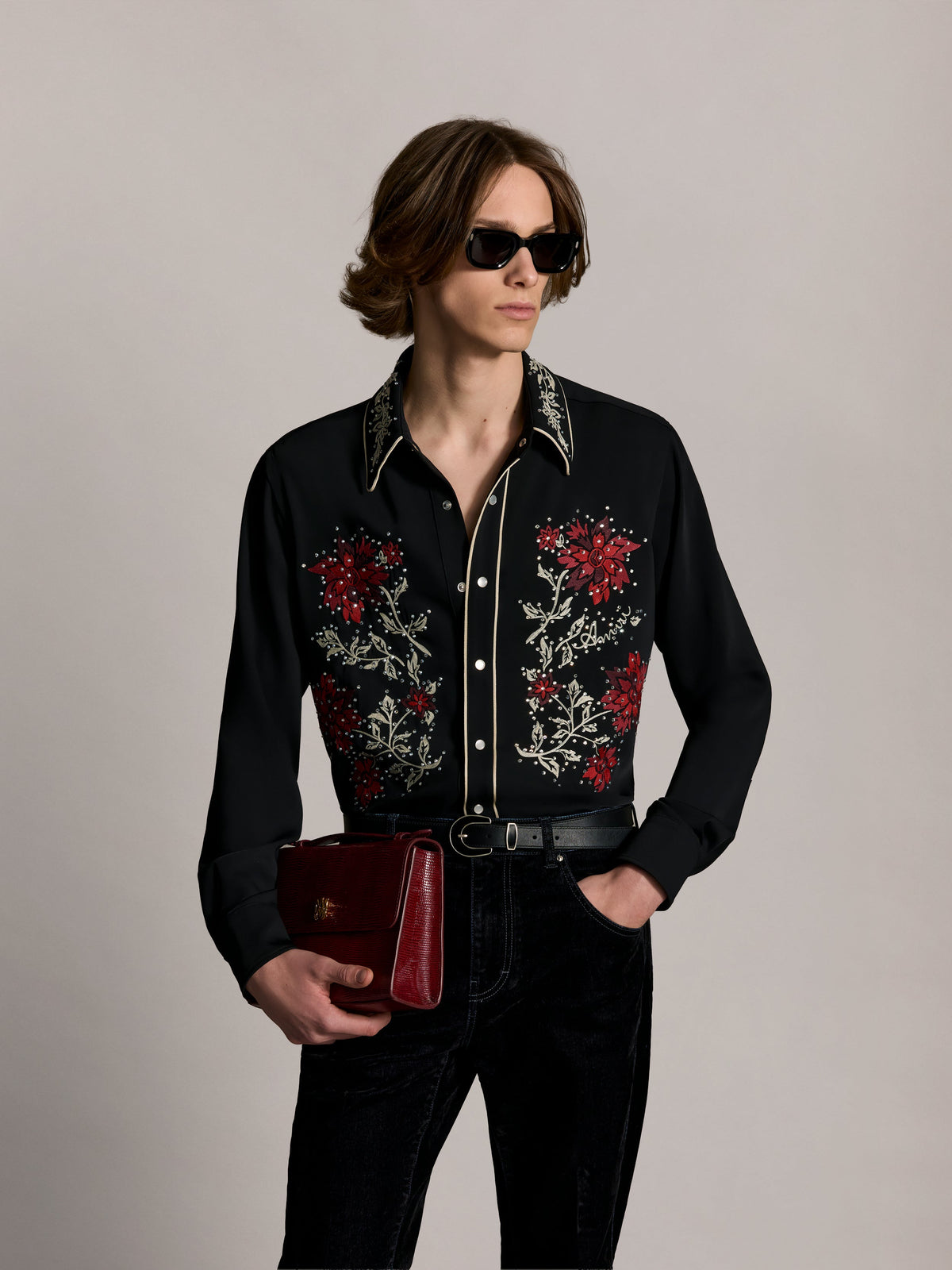 AMIRI EMBELLISHED FLOWERS LONG SLEEVE SHIRT BLACK — vista 5