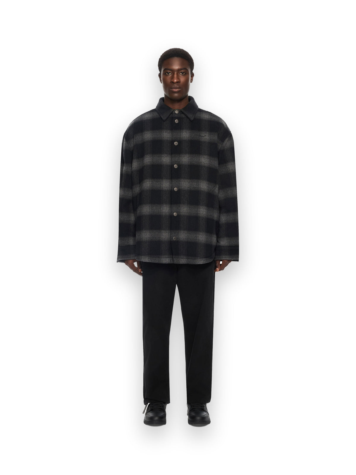OFF-WHITE FLANNEL WOOL PADDED OVERSHIRT COAT BLACK