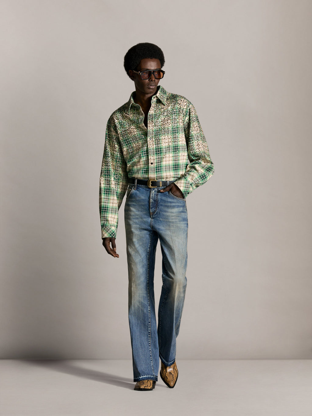 AMIRI CRYSTAL OVERSIZED WESTERN FLANNEL DEEP OLIVE — vista 2