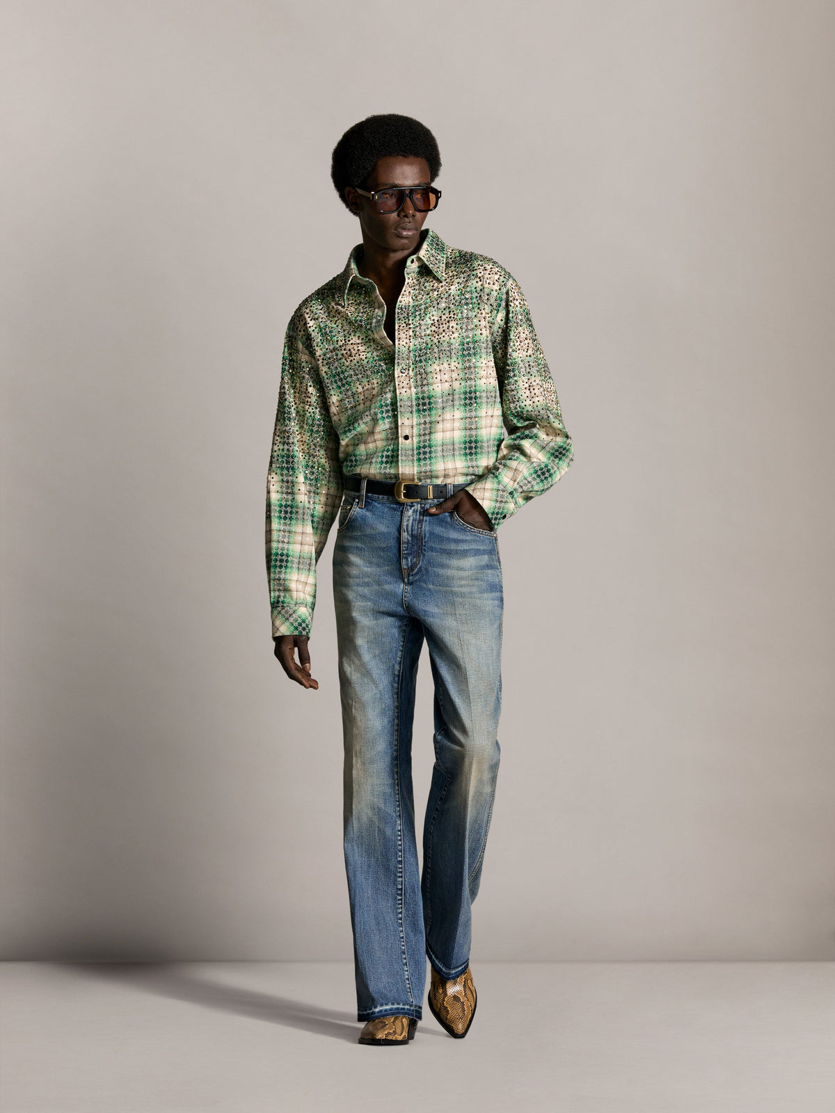 AMIRI CRYSTAL OVERSIZED WESTERN FLANNEL DEEP OLIVE — vista 2