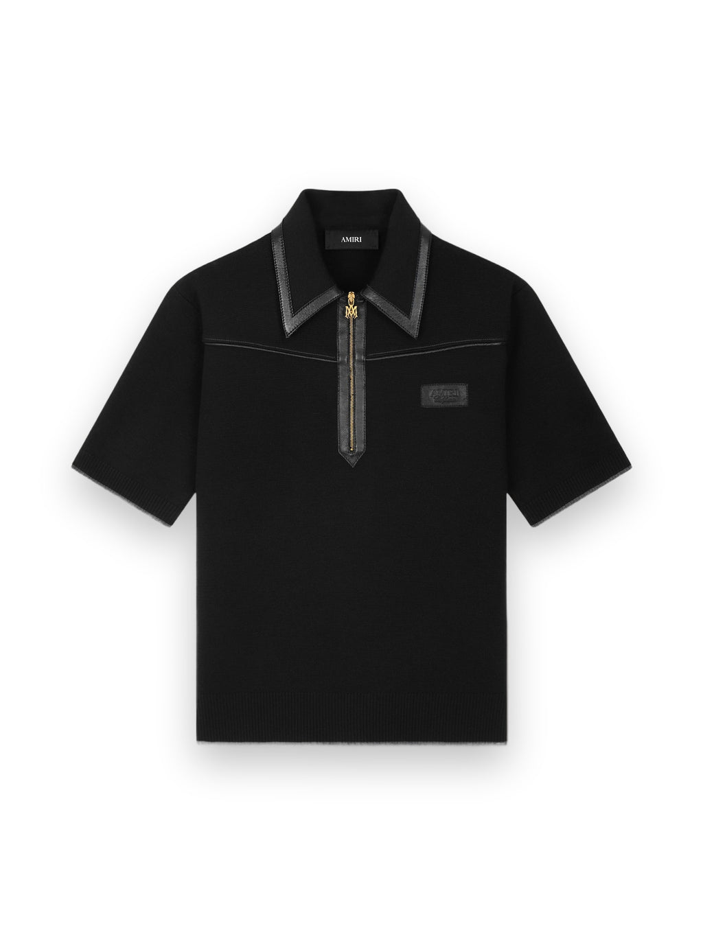 AMIRI LEATHER TRIM KNIT ZIPPED POLO BLACK