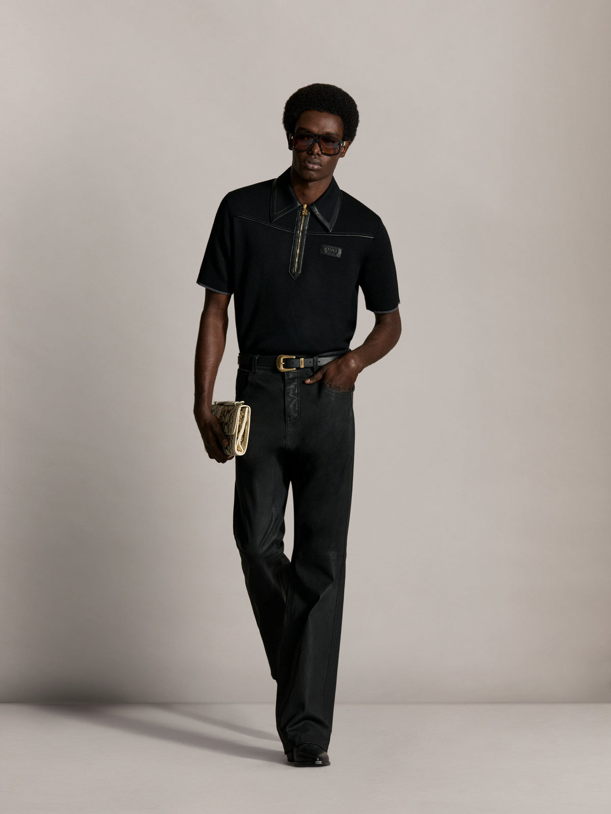 AMIRI LEATHER TRIM KNIT ZIPPED POLO BLACK — vista 2