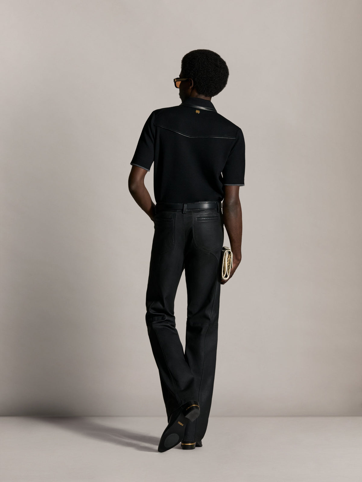 AMIRI LEATHER TRIM KNIT ZIPPED POLO BLACK — vista 4