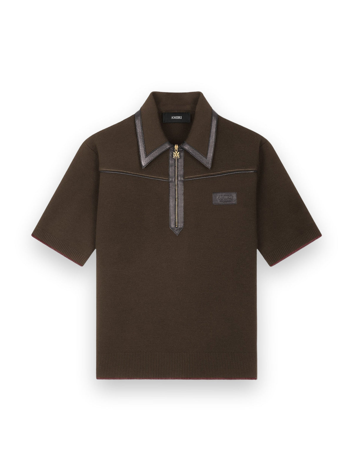 AMIRI LEATHER TRIM KNIT ZIPPED POLO HUSK