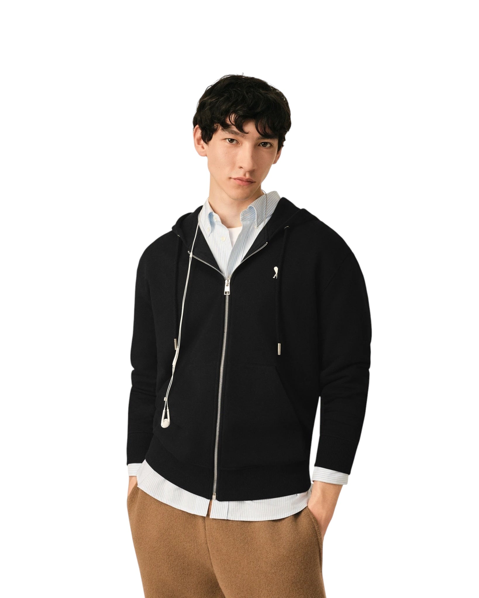 AMI PARIS BLACK COTTON AMI DE COEUR ZIPPED HOODIE