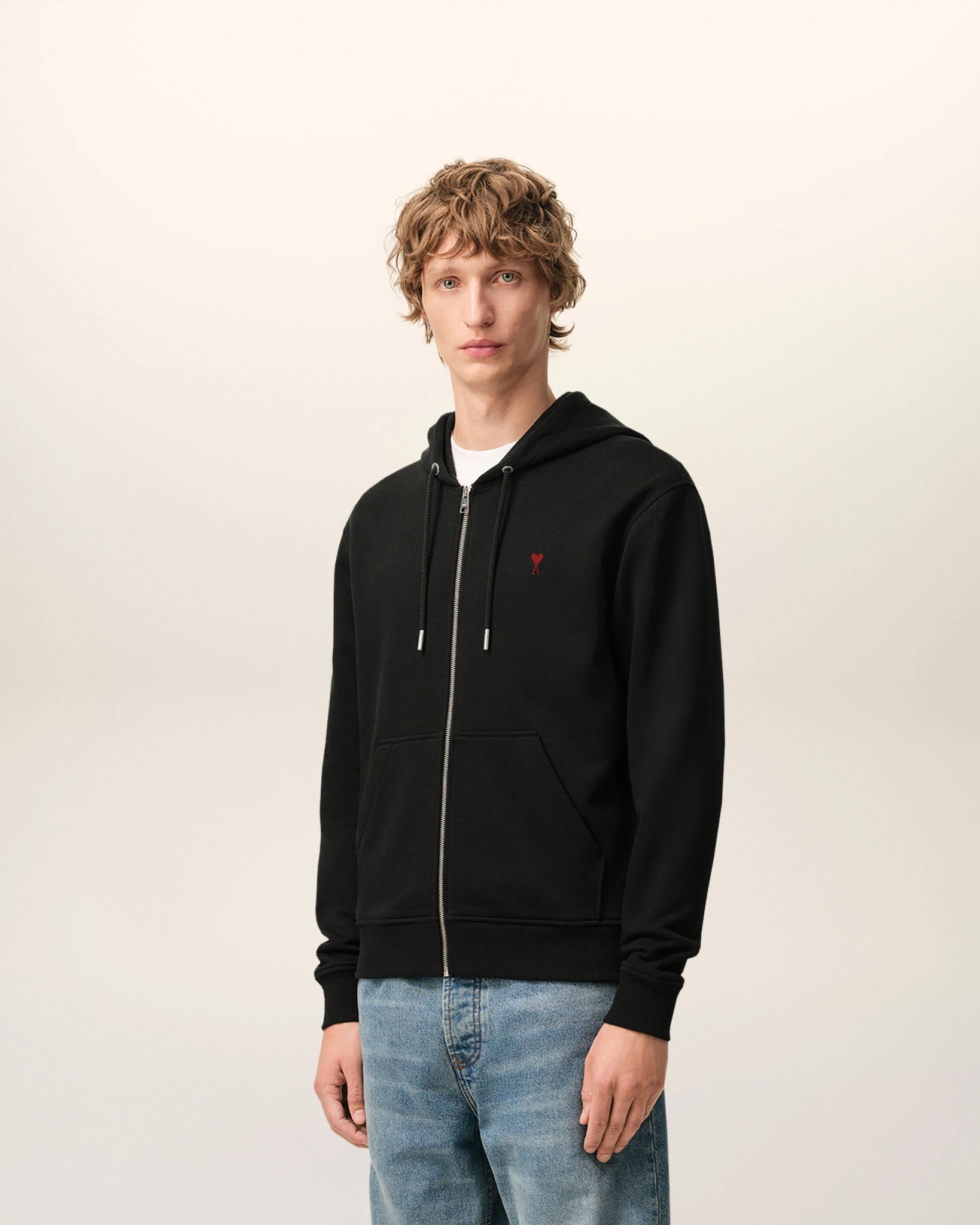 AMI PARIS BLACK COTTON RED AMI DE COEUR ZIP UP HOODIE