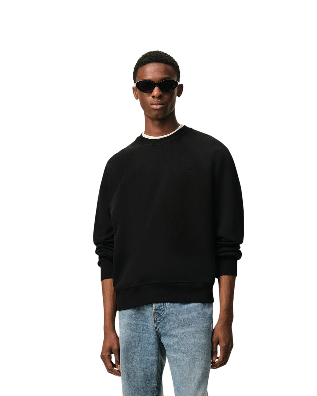 AMI PARIS BLACK COTTON SWEATSHIRT WITH EMBOSSED AMI DE COEUR