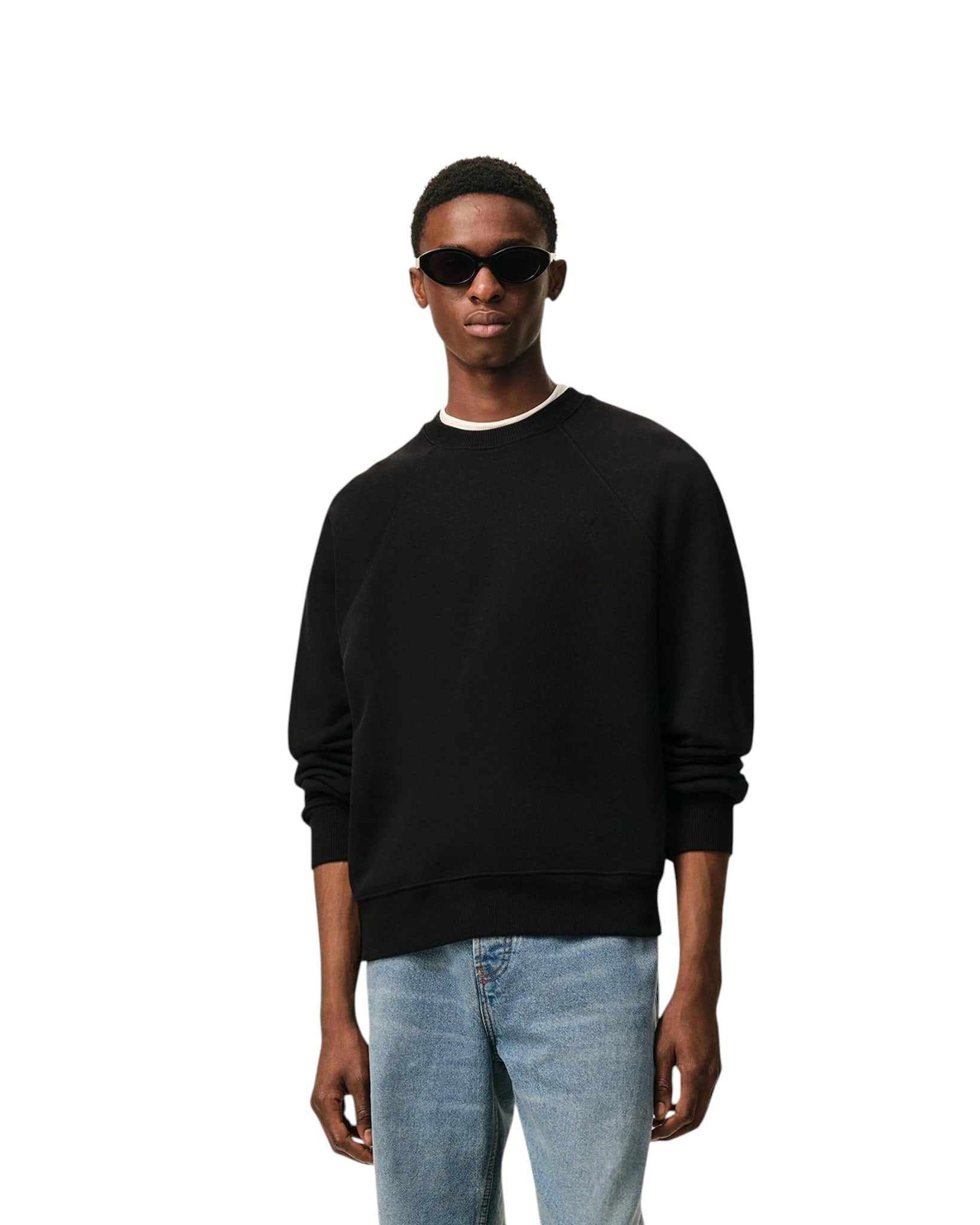 AMI PARIS BLACK COTTON SWEATSHIRT WITH EMBOSSED AMI DE COEUR