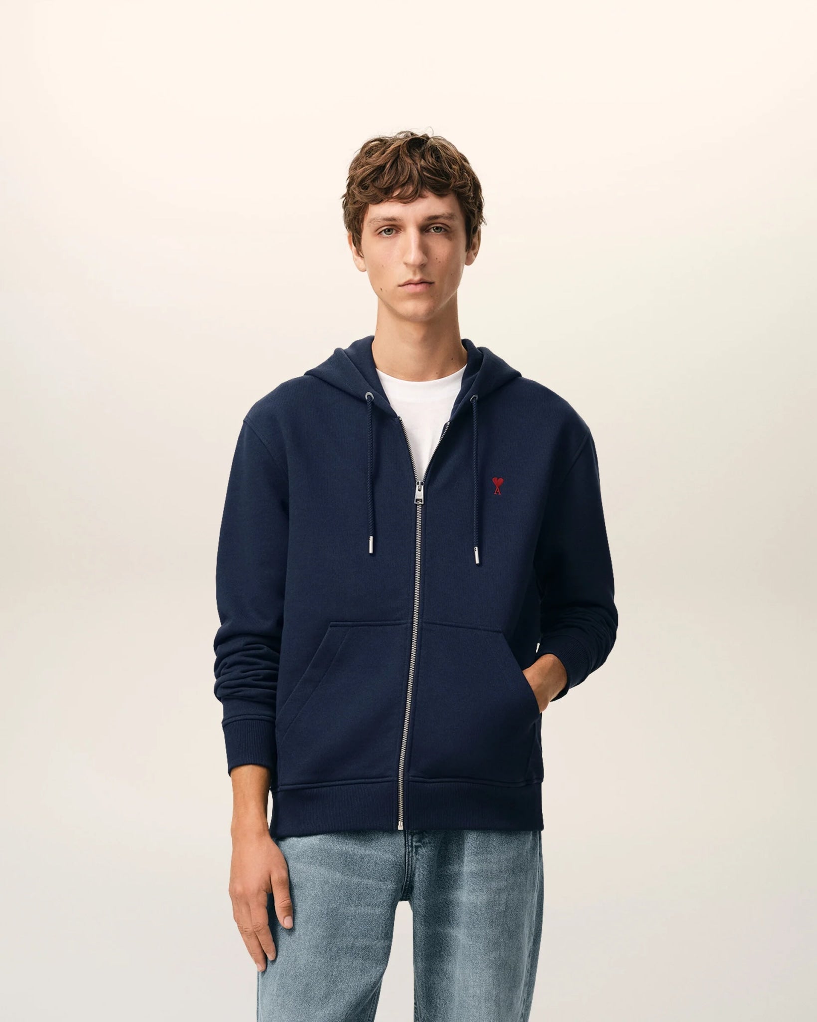AMI PARIS BLUE COTTON RED AMI DE COEUR ZIP UP HOODIE