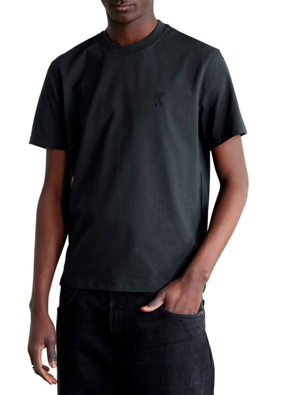 AMI PARIS EMBROIDERED MINI LOGO BLACK ON BLACK T SHIRT AMI PARIS The Hype Company