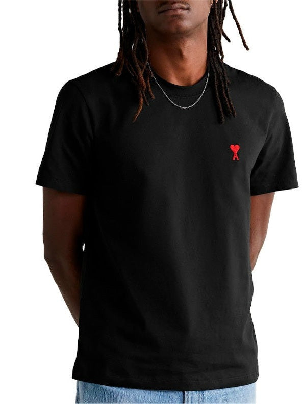 AMI PARIS EMBROIDERED MINI LOGO CHEST BLACK T SHIRT AMI PARIS The Hype Company