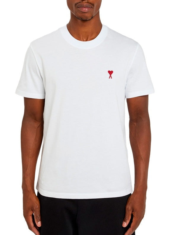 AMI PARIS EMBROIDERED RED MINI LOGO WHITE T SHIRT AMI PARIS The Hype Company
