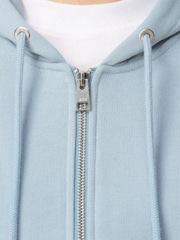 AMI PARIS LIGHT BLUE COTTON BLACK AMI DE COEUR ZIP UP HOODIE