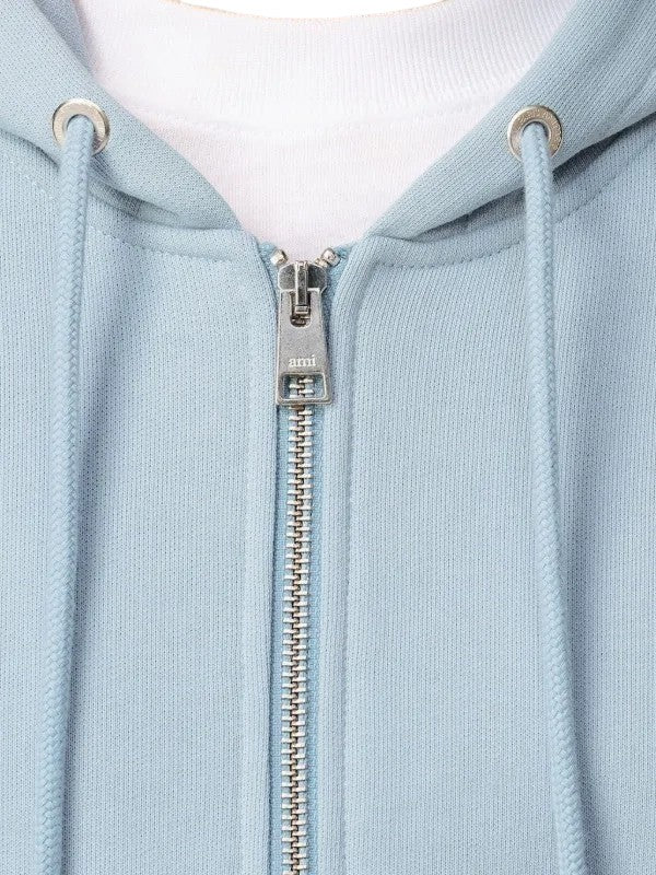 AMI PARIS LIGHT BLUE COTTON BLACK AMI DE COEUR ZIP UP HOODIE