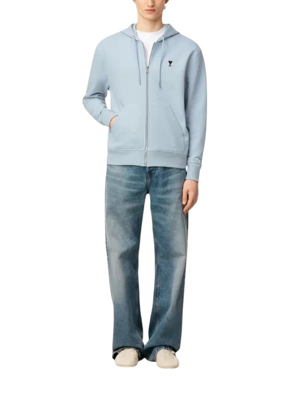 AMI PARIS LIGHT BLUE COTTON BLACK AMI DE COEUR ZIP UP HOODIE