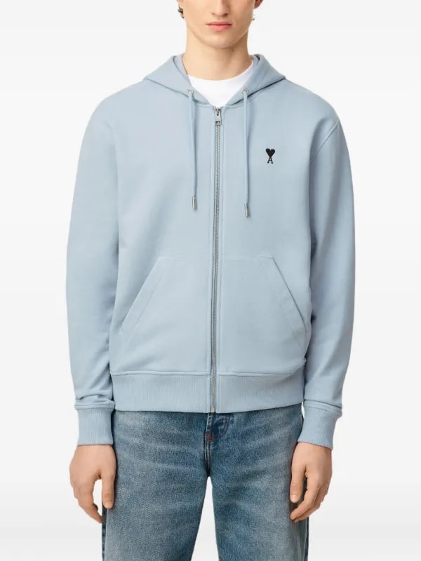 AMI PARIS LIGHT BLUE COTTON BLACK AMI DE COEUR ZIP UP HOODIE