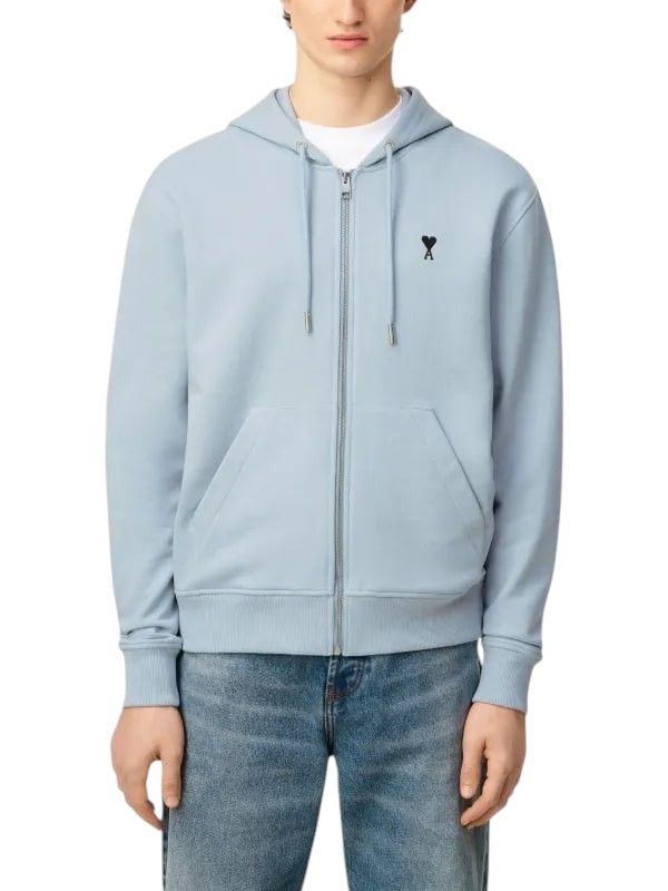 AMI PARIS LIGHT BLUE COTTON BLACK AMI DE COEUR ZIP UP HOODIE