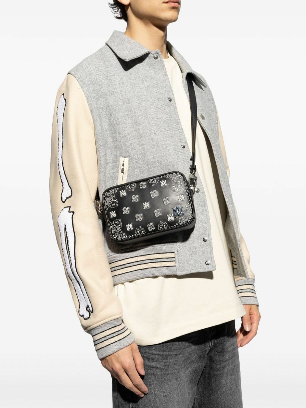 AMIRI BLACK BANDANA MA-EMBROIDERED LEATHER CAMERA BAG