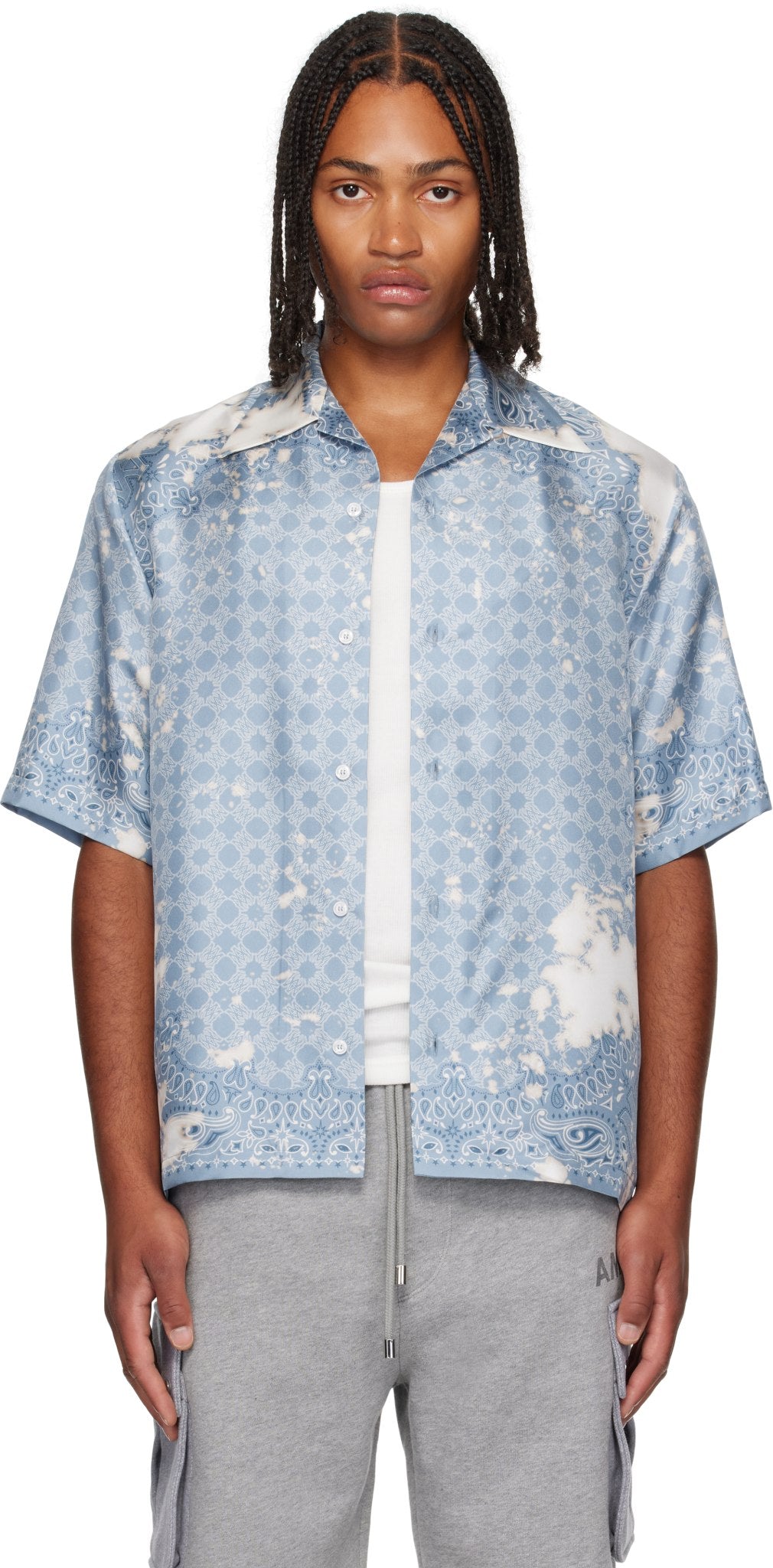 AMIRI BLEACH BANDANA BOWLING SHIRT BLUE