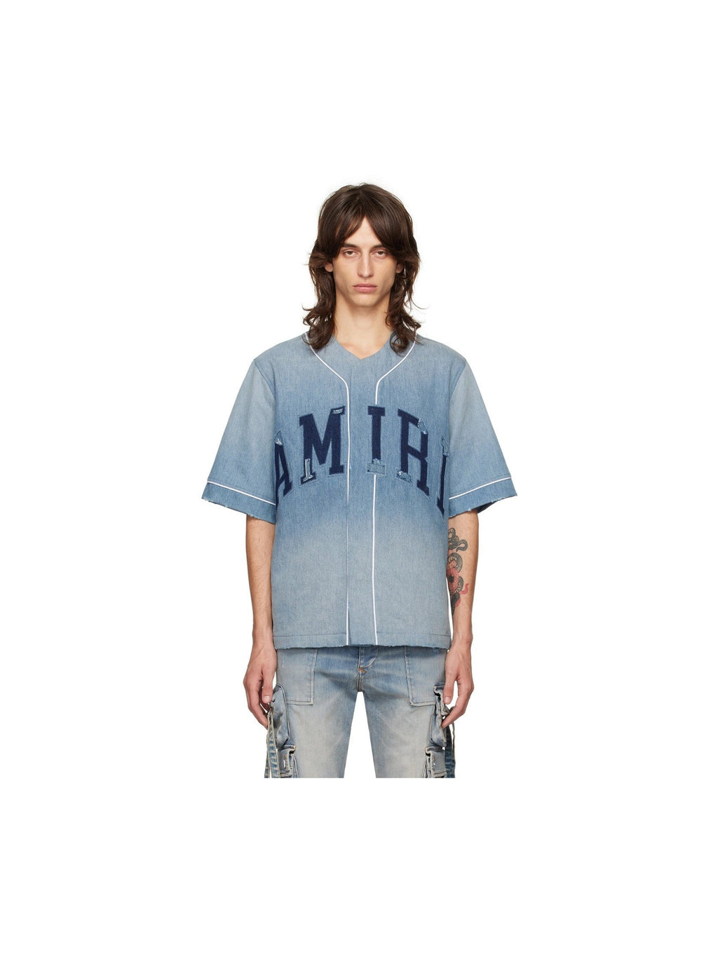 AMIRI BLUE SUNFADED BASEBALL DENIM SHIRT