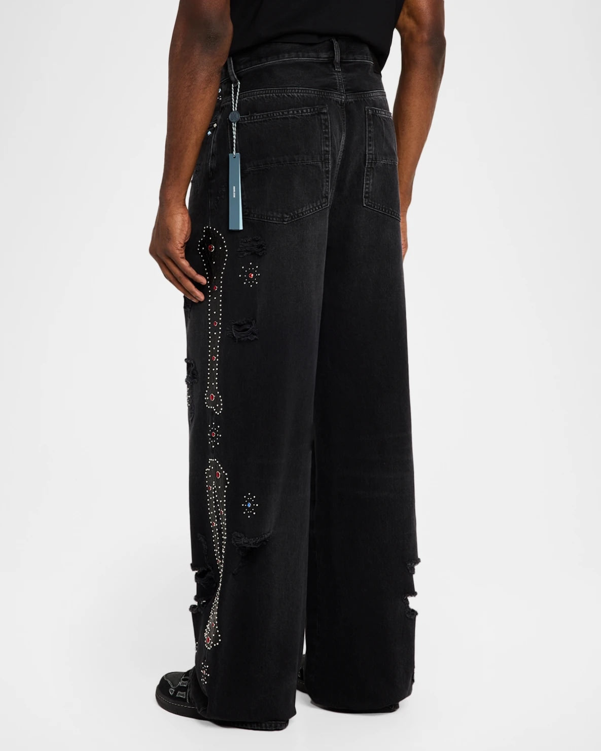 AMIRI BONES APPLIQUE STUDDED BAGGY JEANS BLACK