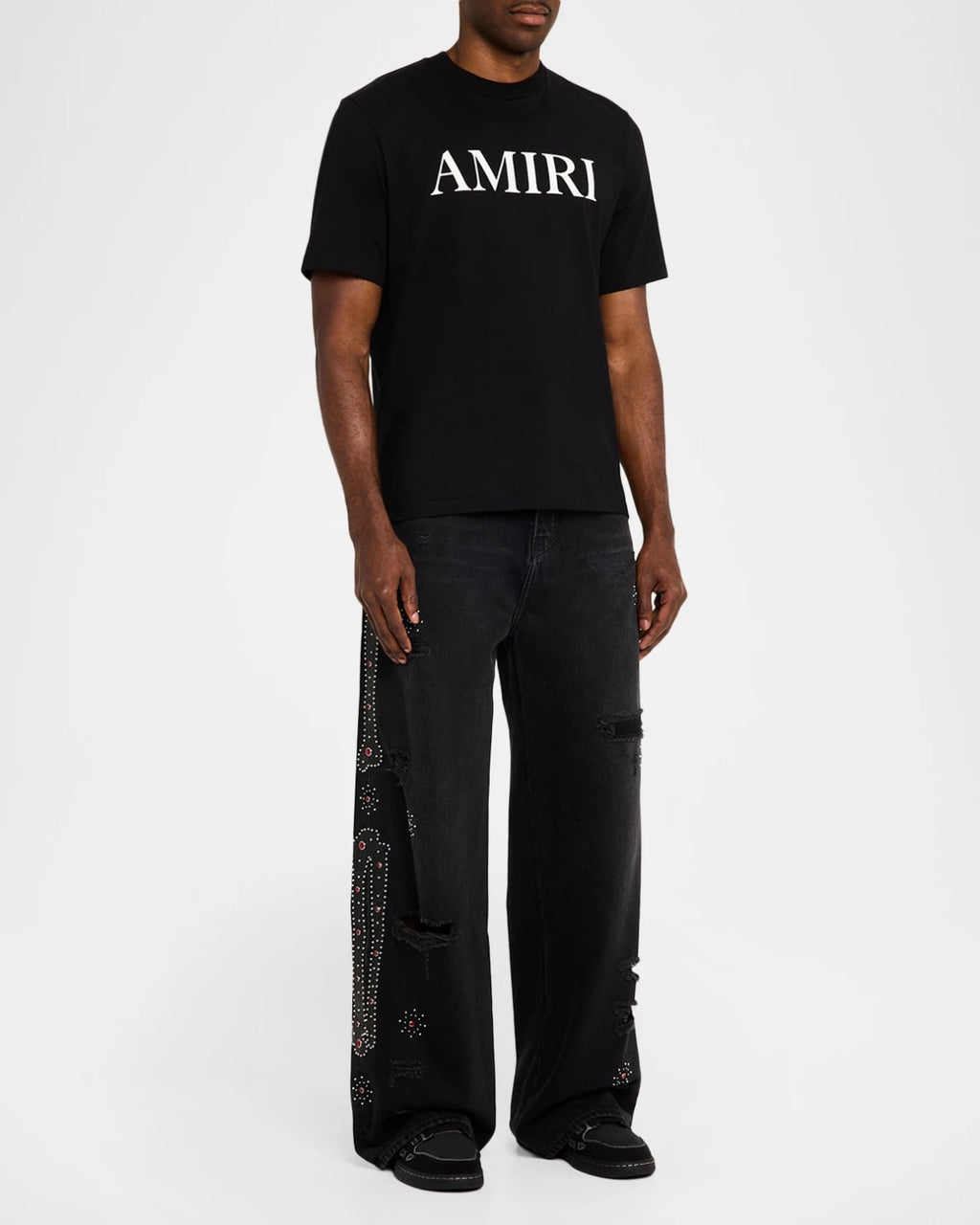 AMIRI BONES APPLIQUE STUDDED BAGGY JEANS BLACK