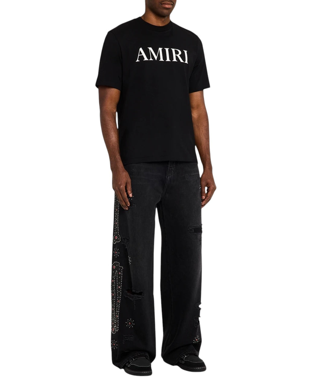 AMIRI BONES APPLIQUE STUDDED BAGGY JEANS BLACK