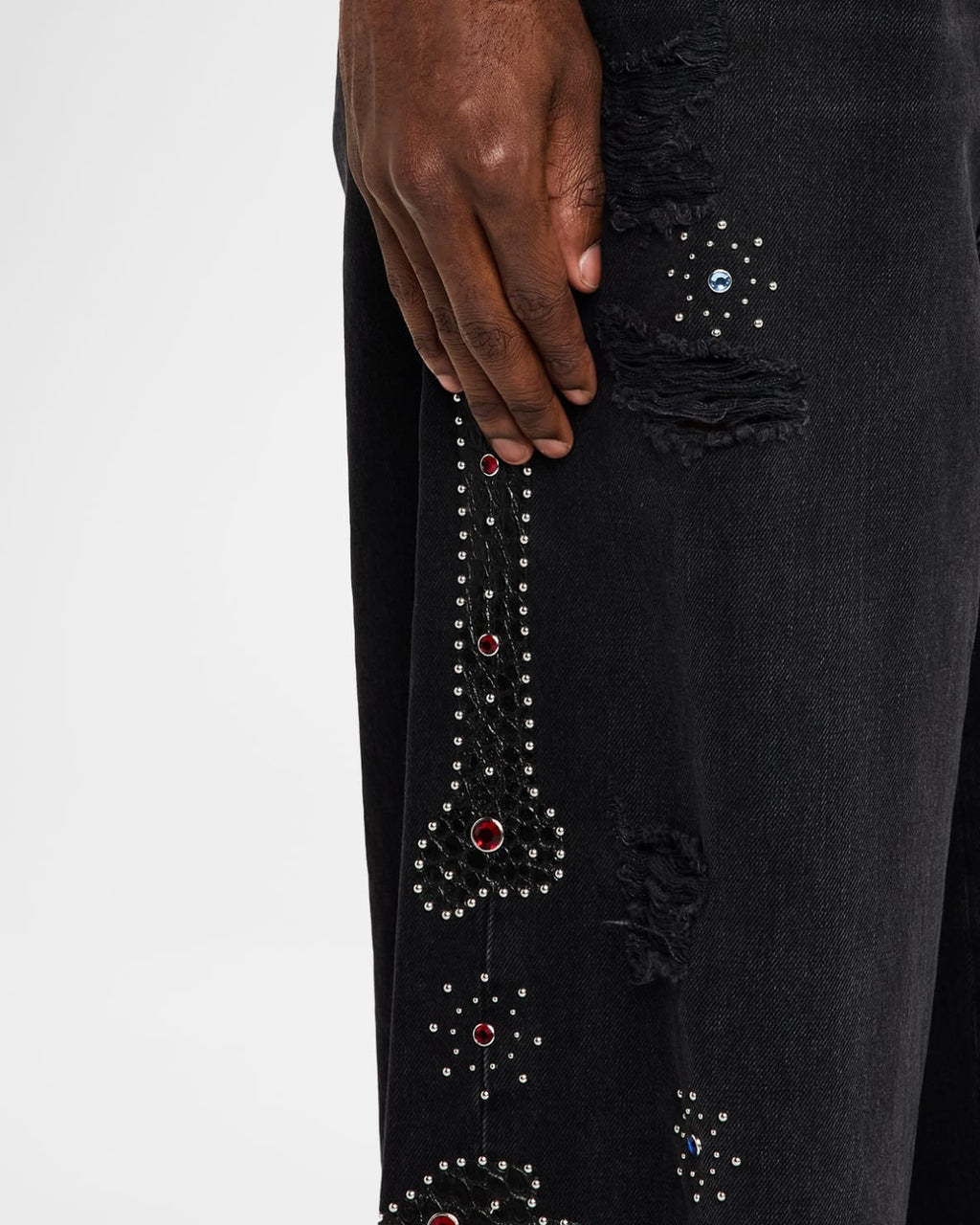 AMIRI BONES APPLIQUE STUDDED BAGGY JEANS BLACK
