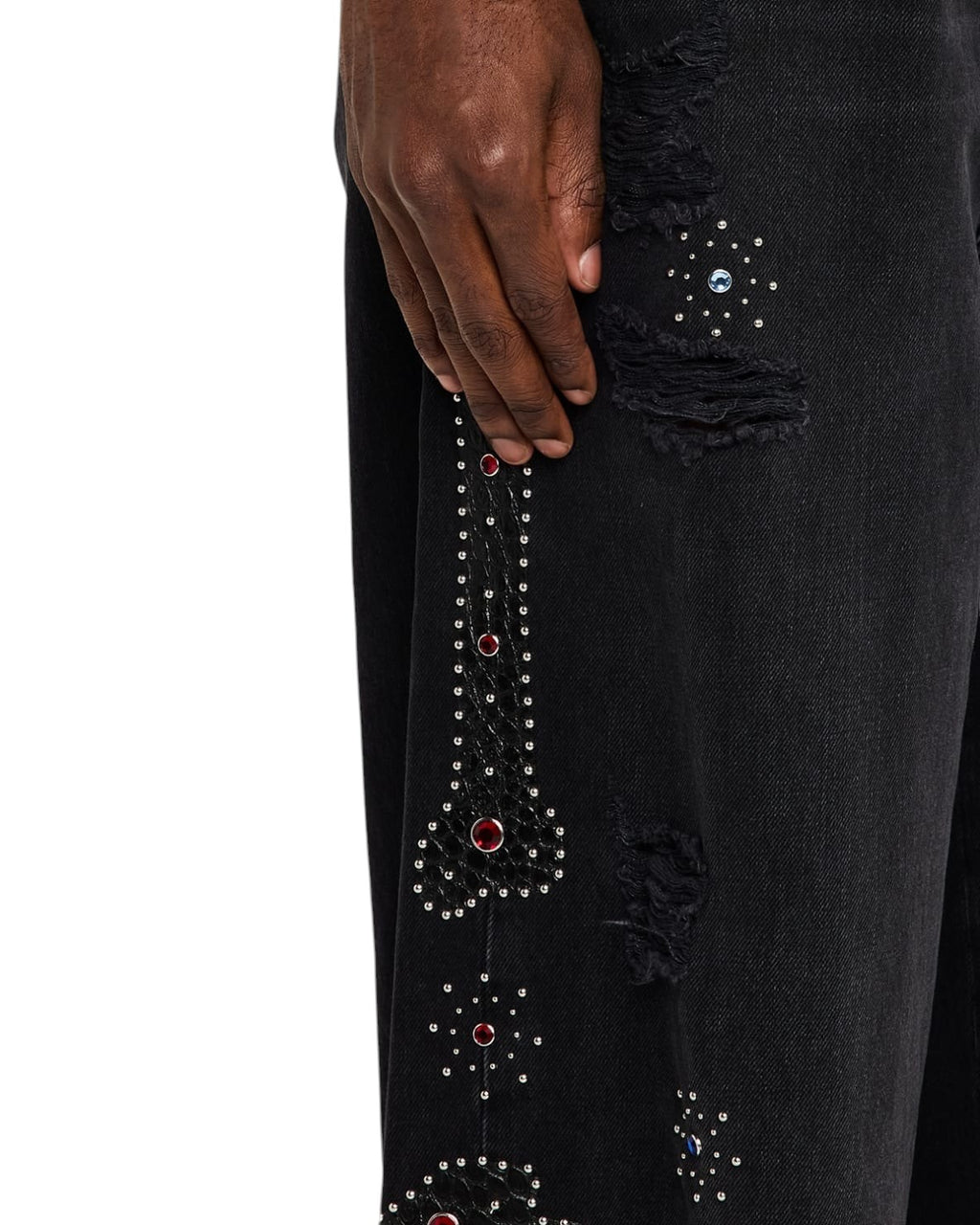 AMIRI BONES APPLIQUE STUDDED BAGGY JEANS BLACK
