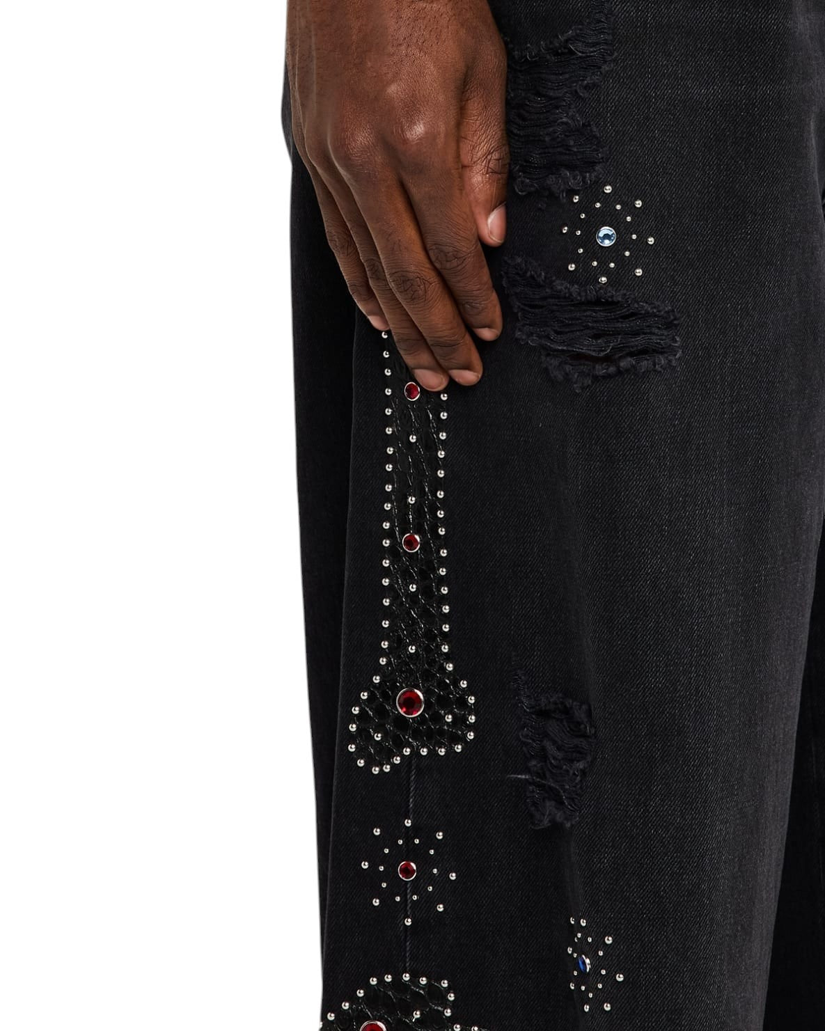 AMIRI BONES APPLIQUE STUDDED BAGGY JEANS BLACK
