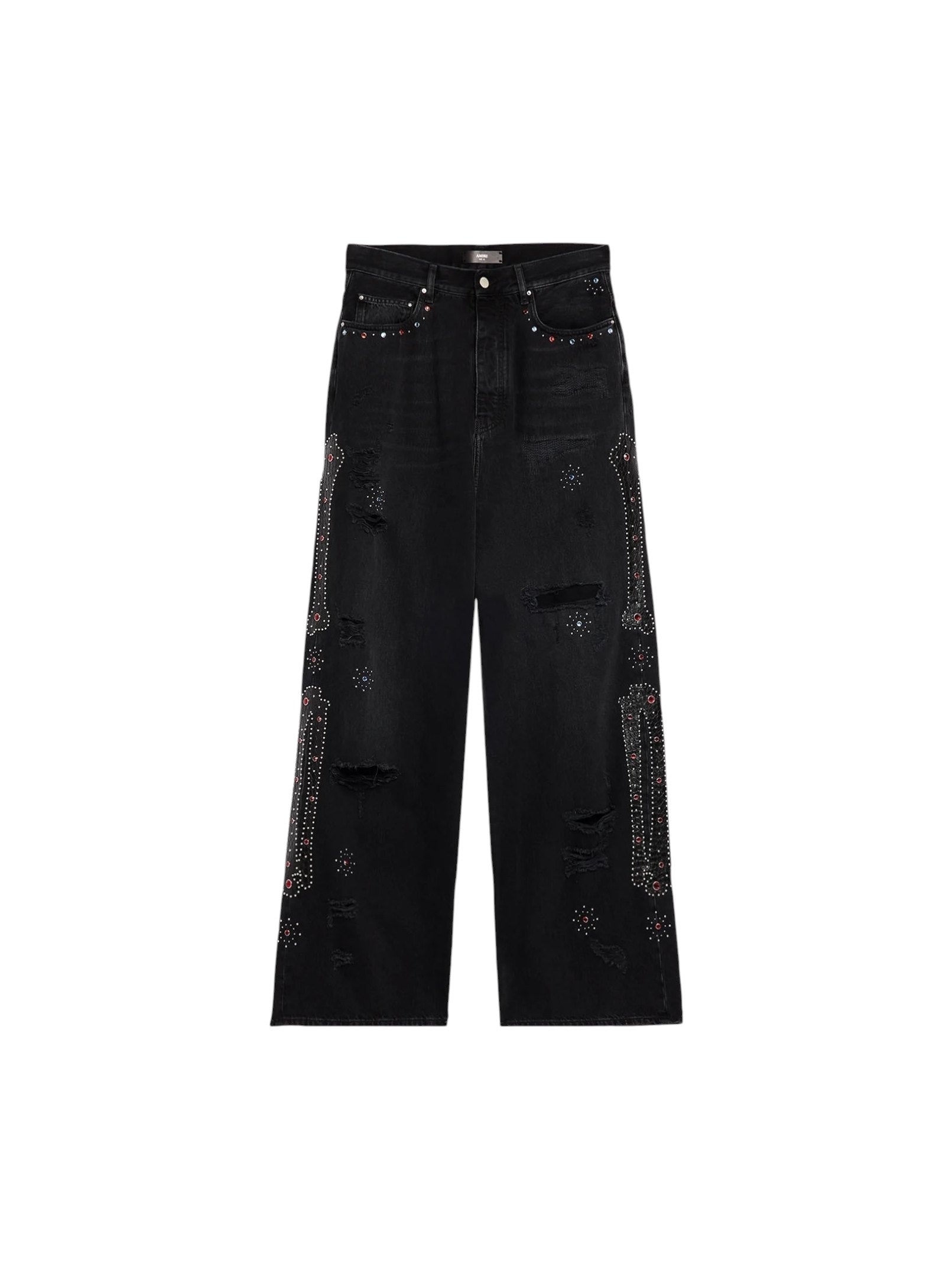 AMIRI BONES APPLIQUE STUDDED BAGGY JEANS BLACK