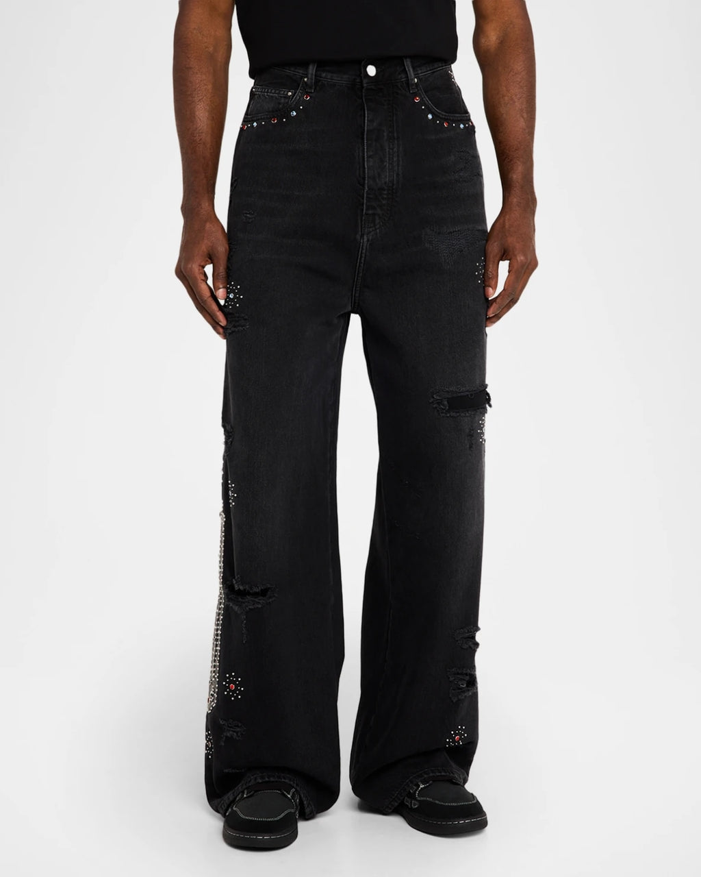 AMIRI BONES APPLIQUE STUDDED BAGGY JEANS BLACK