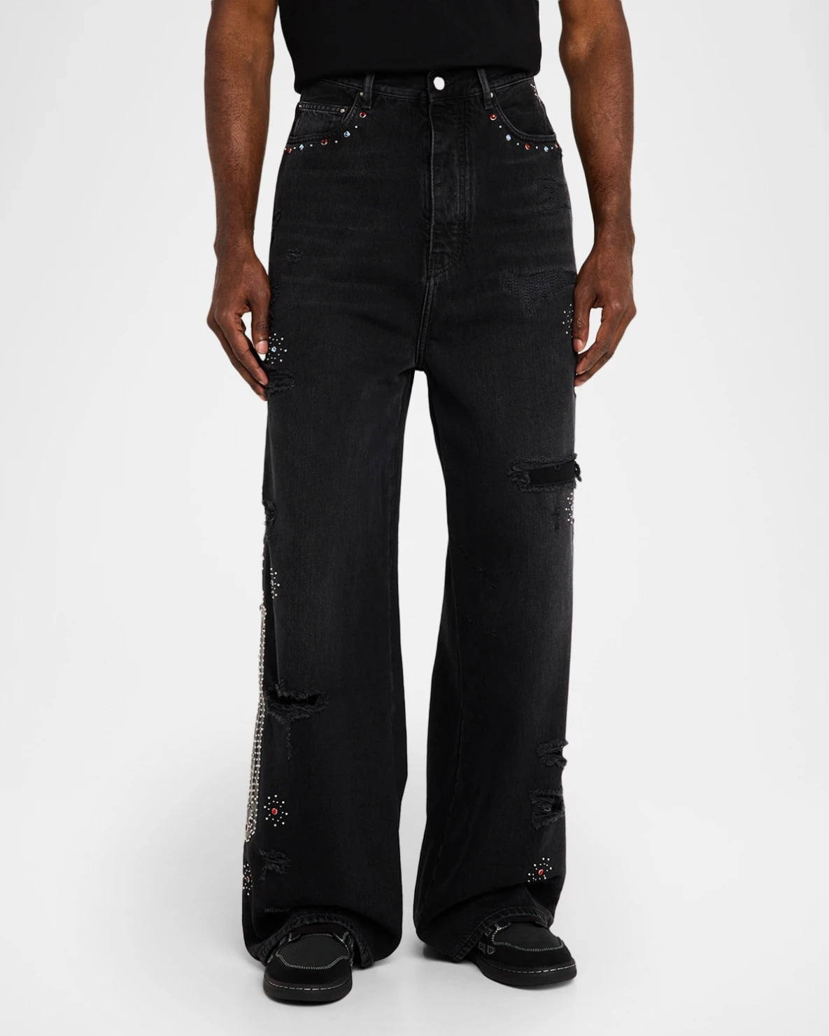 AMIRI BONES APPLIQUE STUDDED BAGGY JEANS BLACK