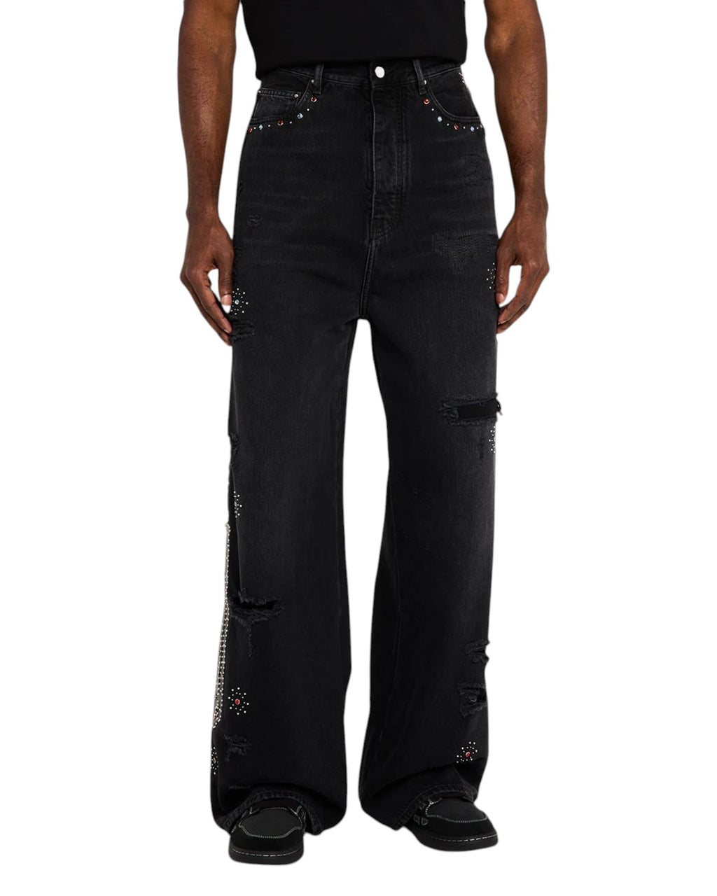 AMIRI BONES APPLIQUE STUDDED BAGGY JEANS BLACK