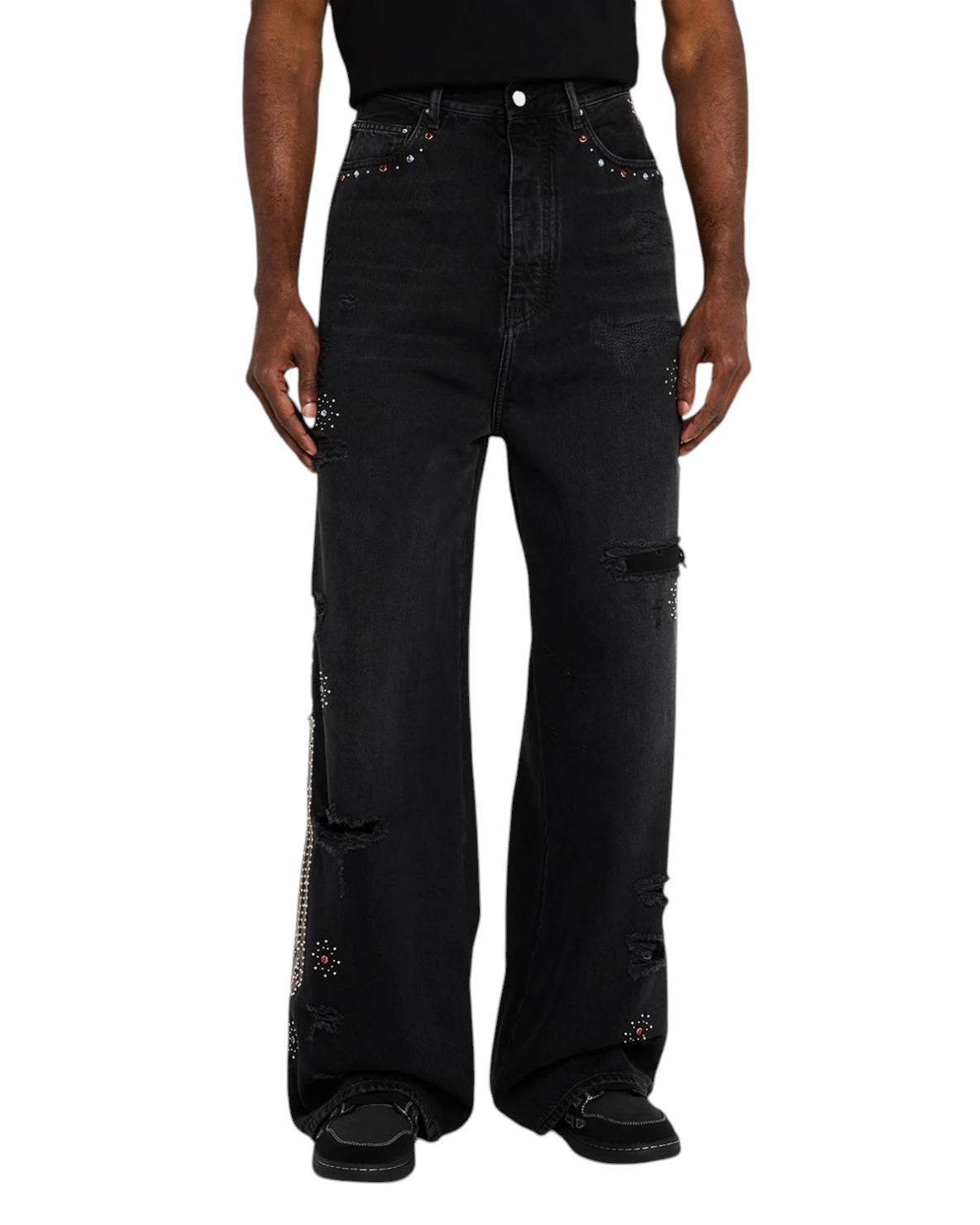 AMIRI BONES APPLIQUE STUDDED BAGGY JEANS BLACK