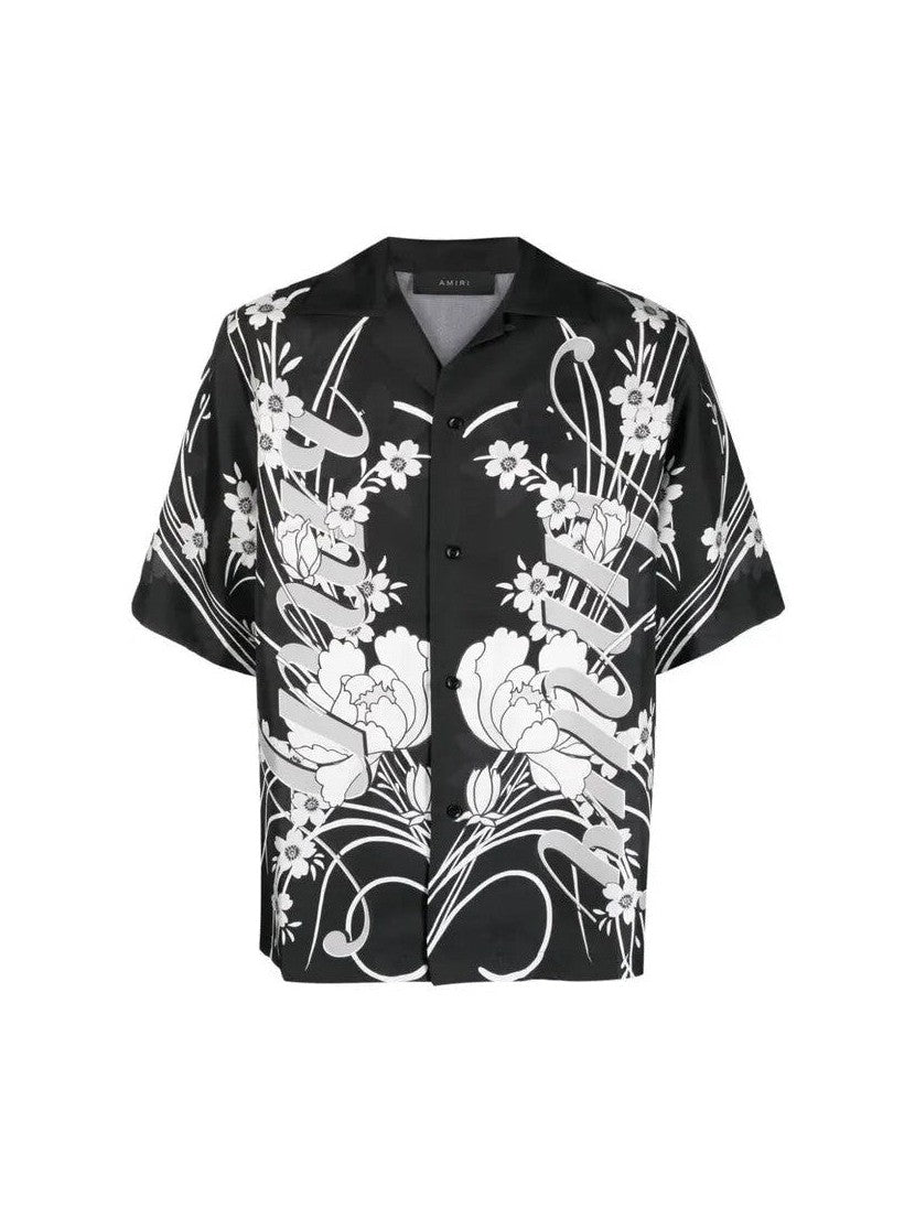 AMIRI BOWLING FLORAL PRINT SILK SHIRT BLACK