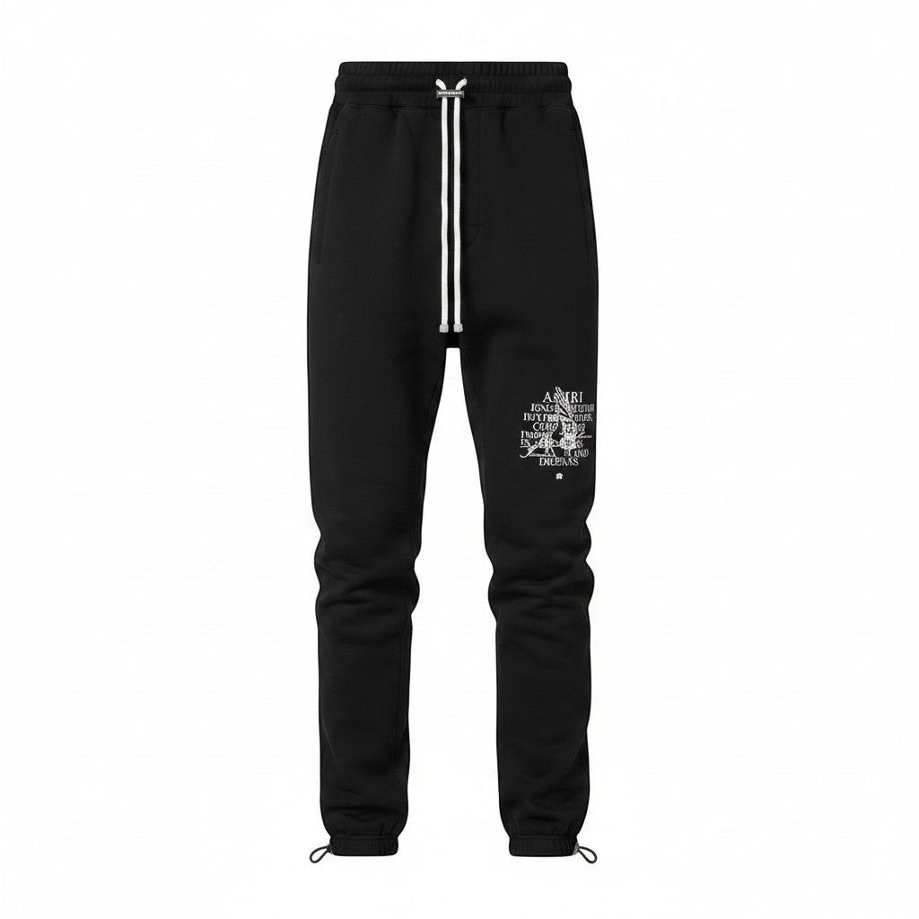 Pantalones de chándal negros AMIRI Precious Memories de The Hype Company con cordones blancos y estampado gráfico.