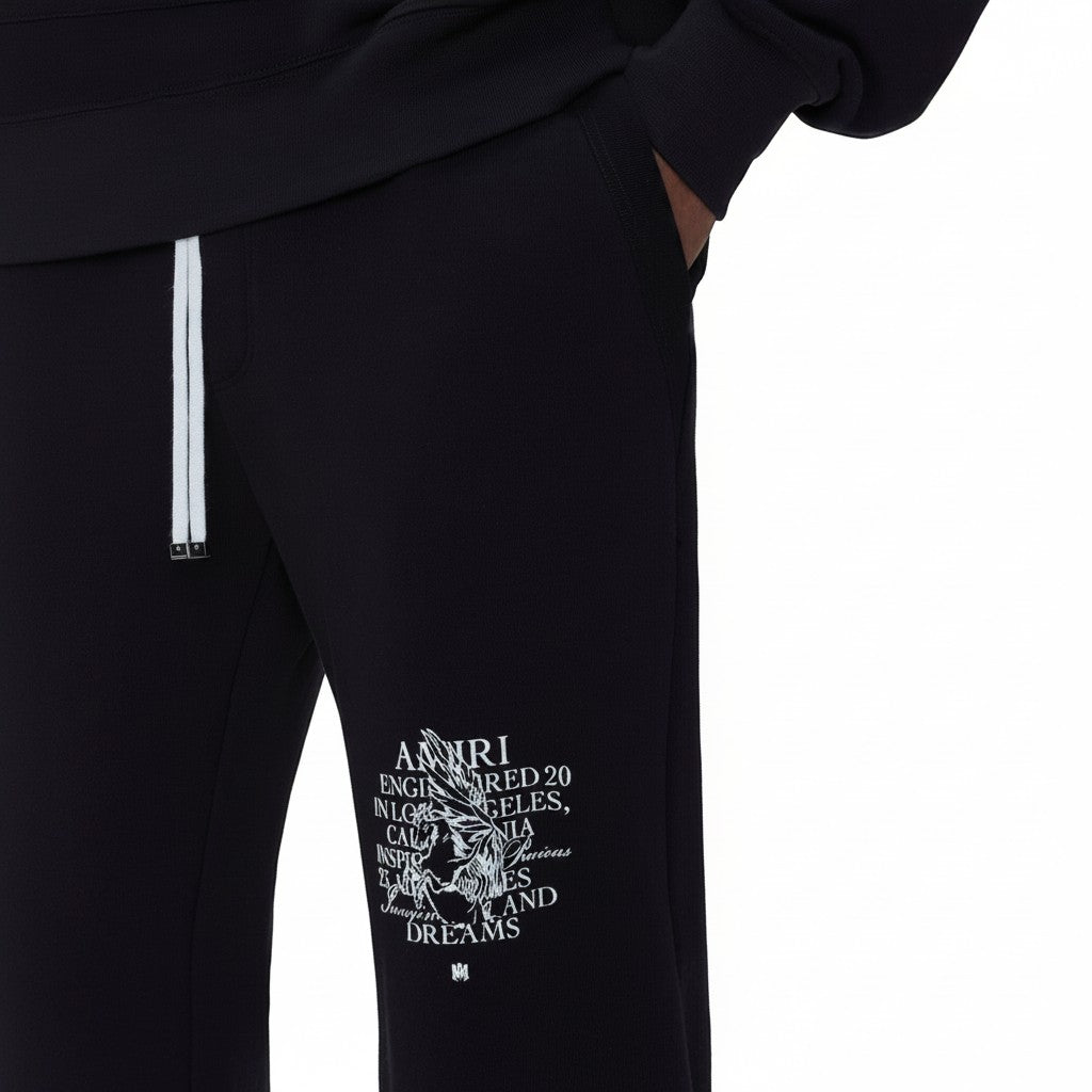 Pantalones de chándal negros AMIRI Precious Memories con cordón blanco y estampado gráfico de The Hype Company
