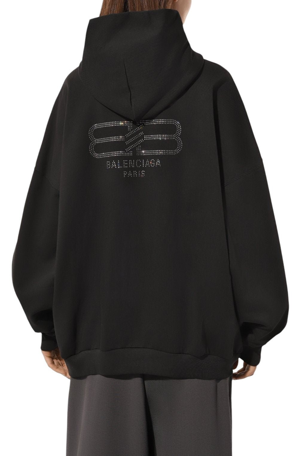BALENCIAGA BB RHINESTONES BACK BLACK HOODIE