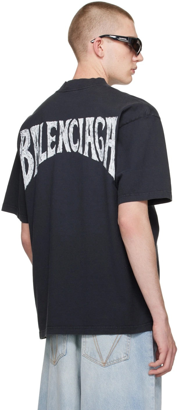 BALENCIAGA BLACK PAINTED BACK LOGO T-SHIRT