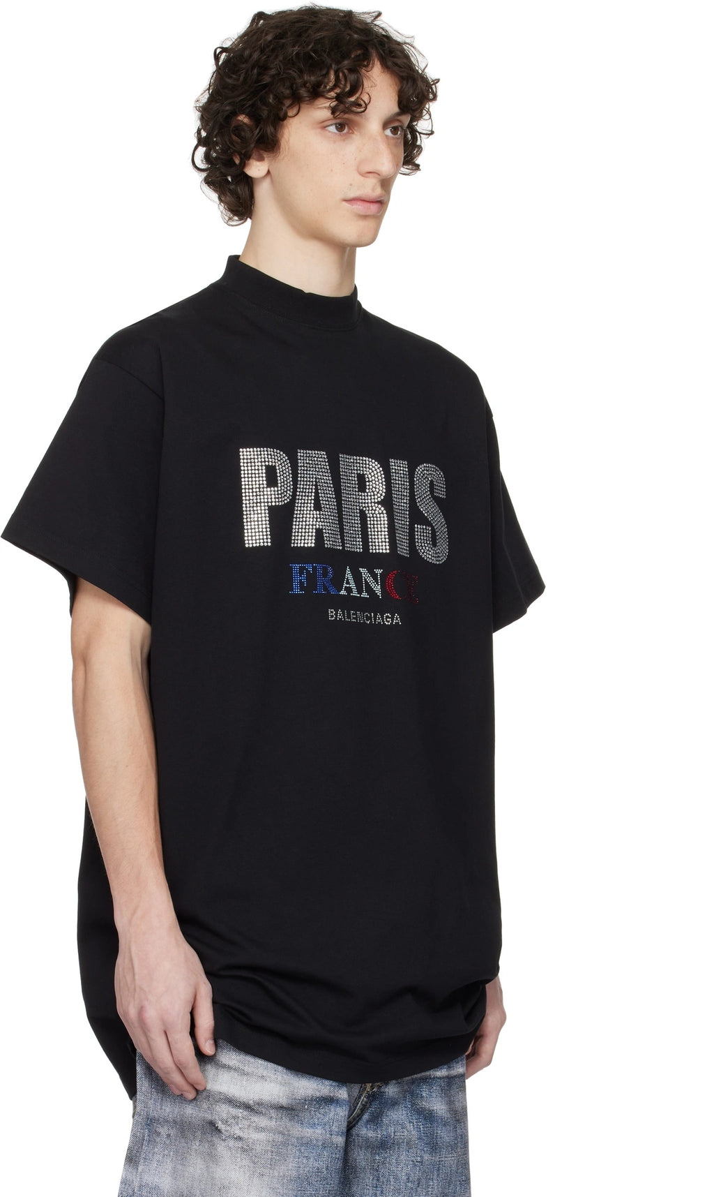 BALENCIAGA BLACK 'PARIS' STRASS VINTAGE JERSEY T-SHIRT