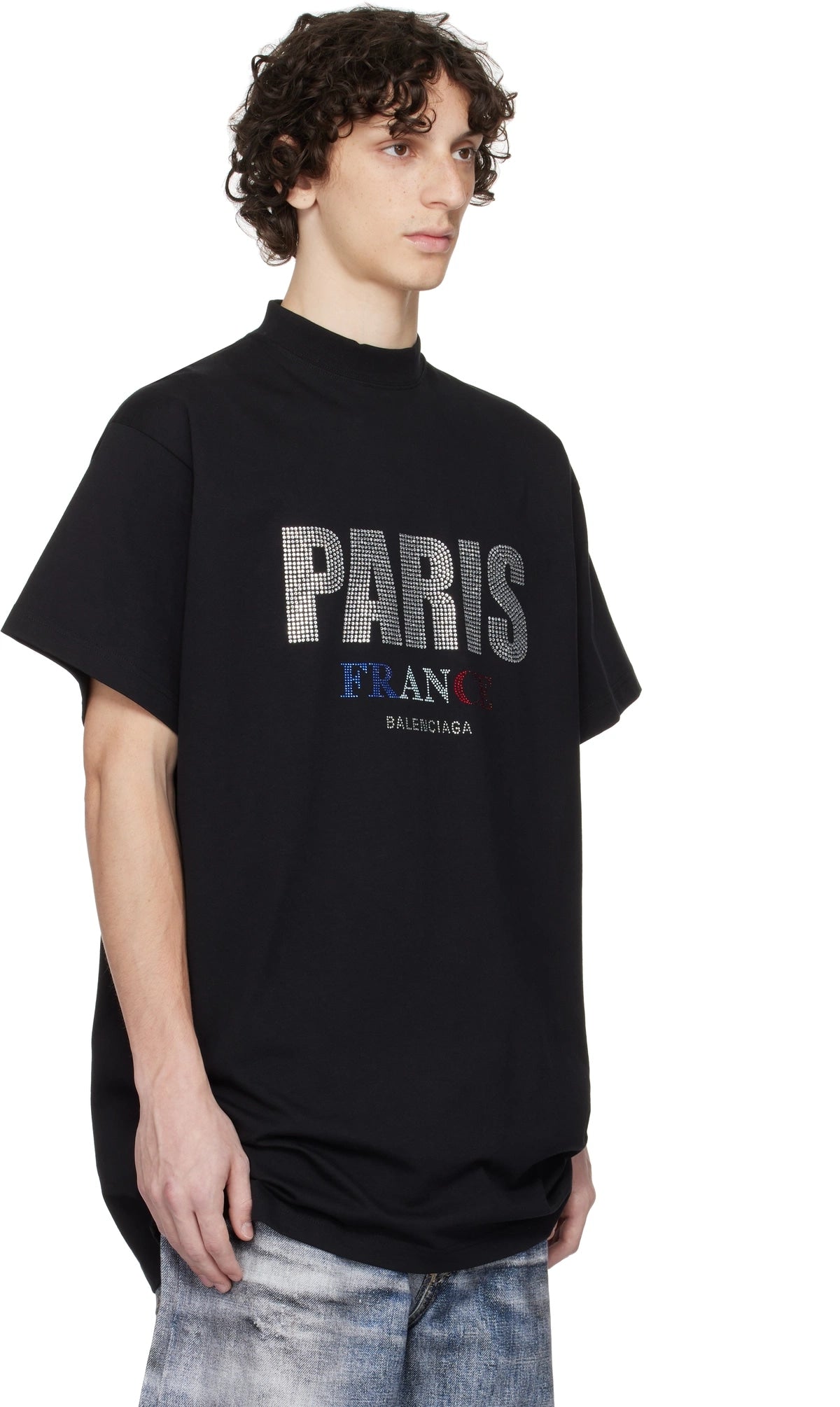 BALENCIAGA BLACK 'PARIS' STRASS VINTAGE JERSEY T-SHIRT