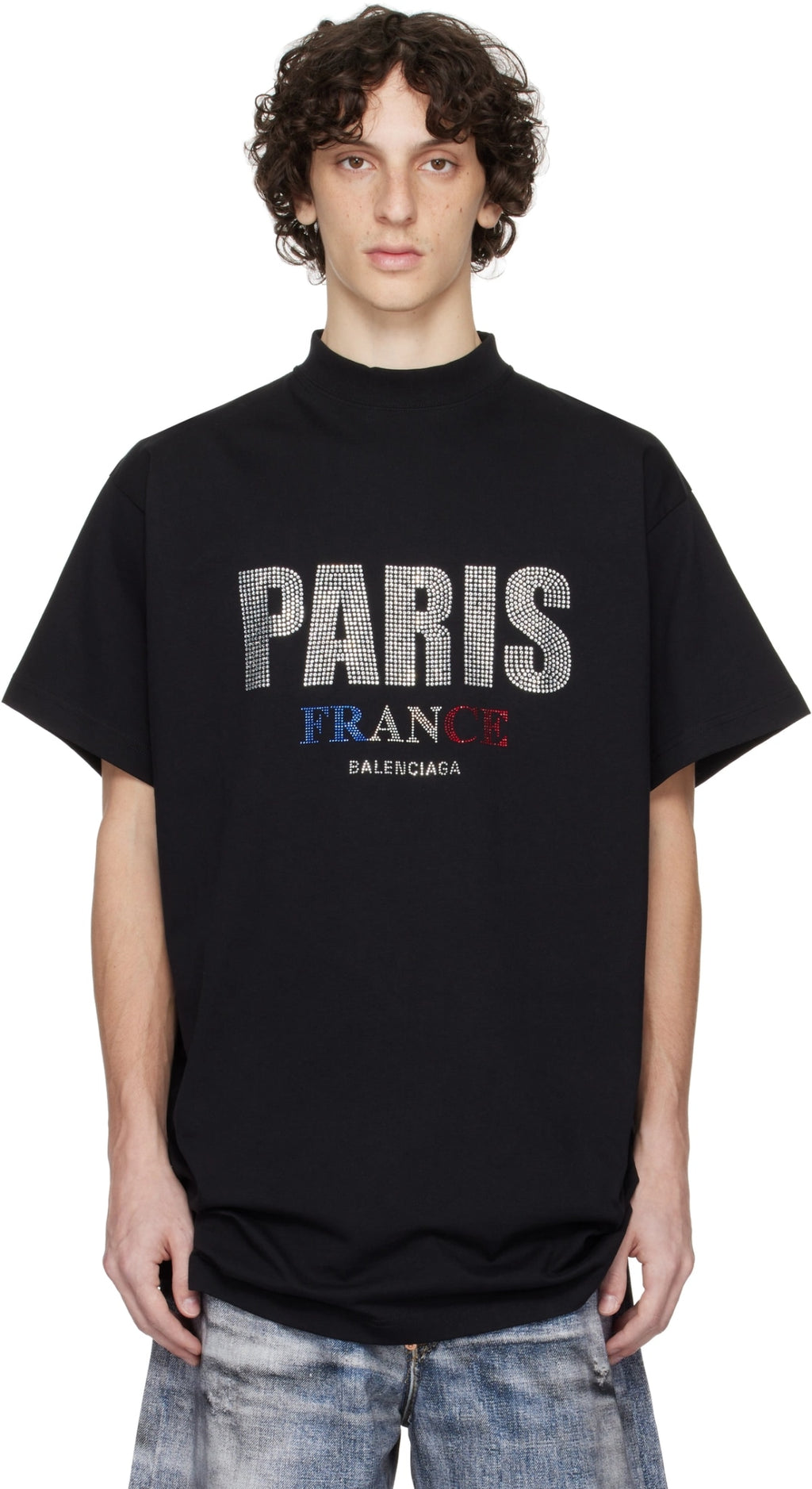 BALENCIAGA BLACK 'PARIS' STRASS VINTAGE JERSEY T-SHIRT